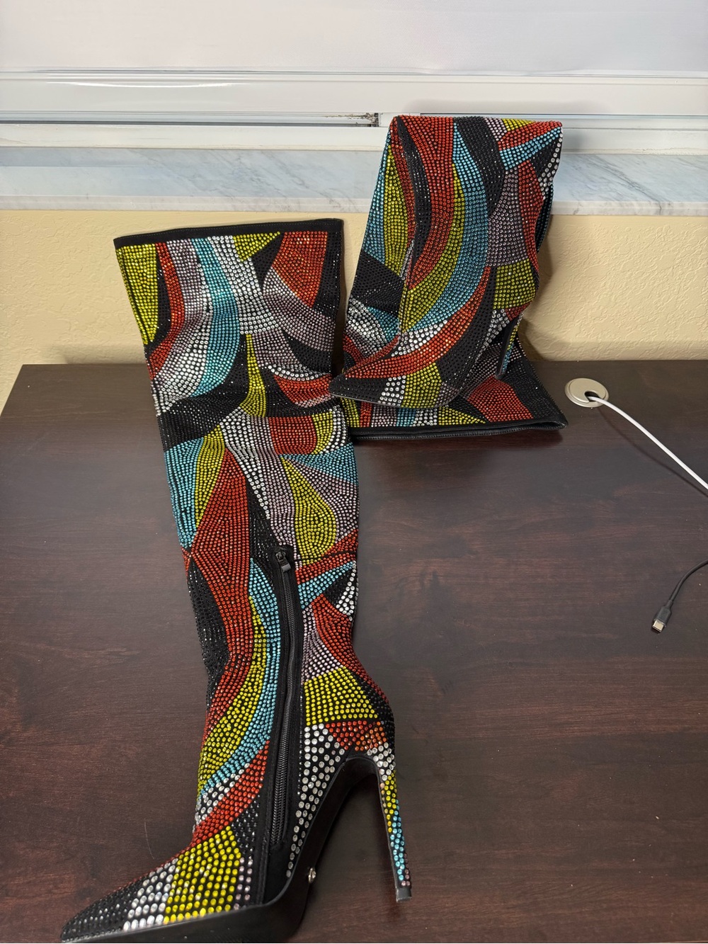 Vibrant Multicolor Rhinestone Over-the-Knee Stiletto Boots